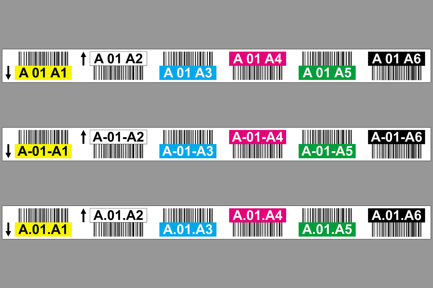 ONE2ID magazijnlabels stellinglabels multikleuren multilevel barcode etiketten